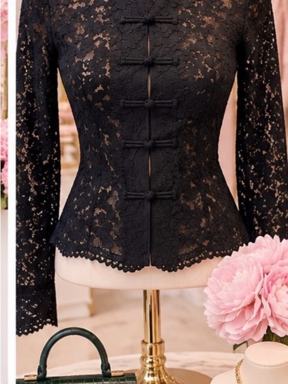 Black Lace Mandarin-Collar Blouse with Frog Buttons